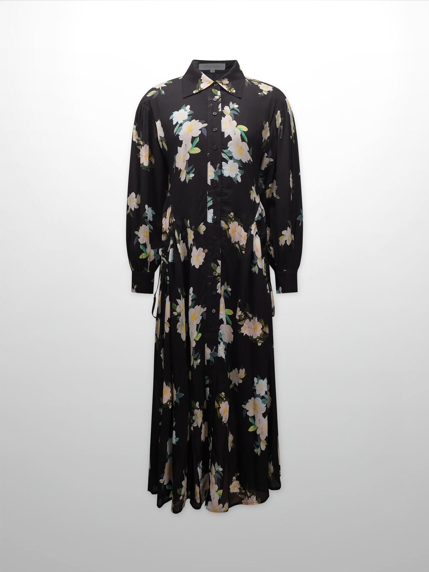 Printed Shirred Pocket Dress-Black and White Floral