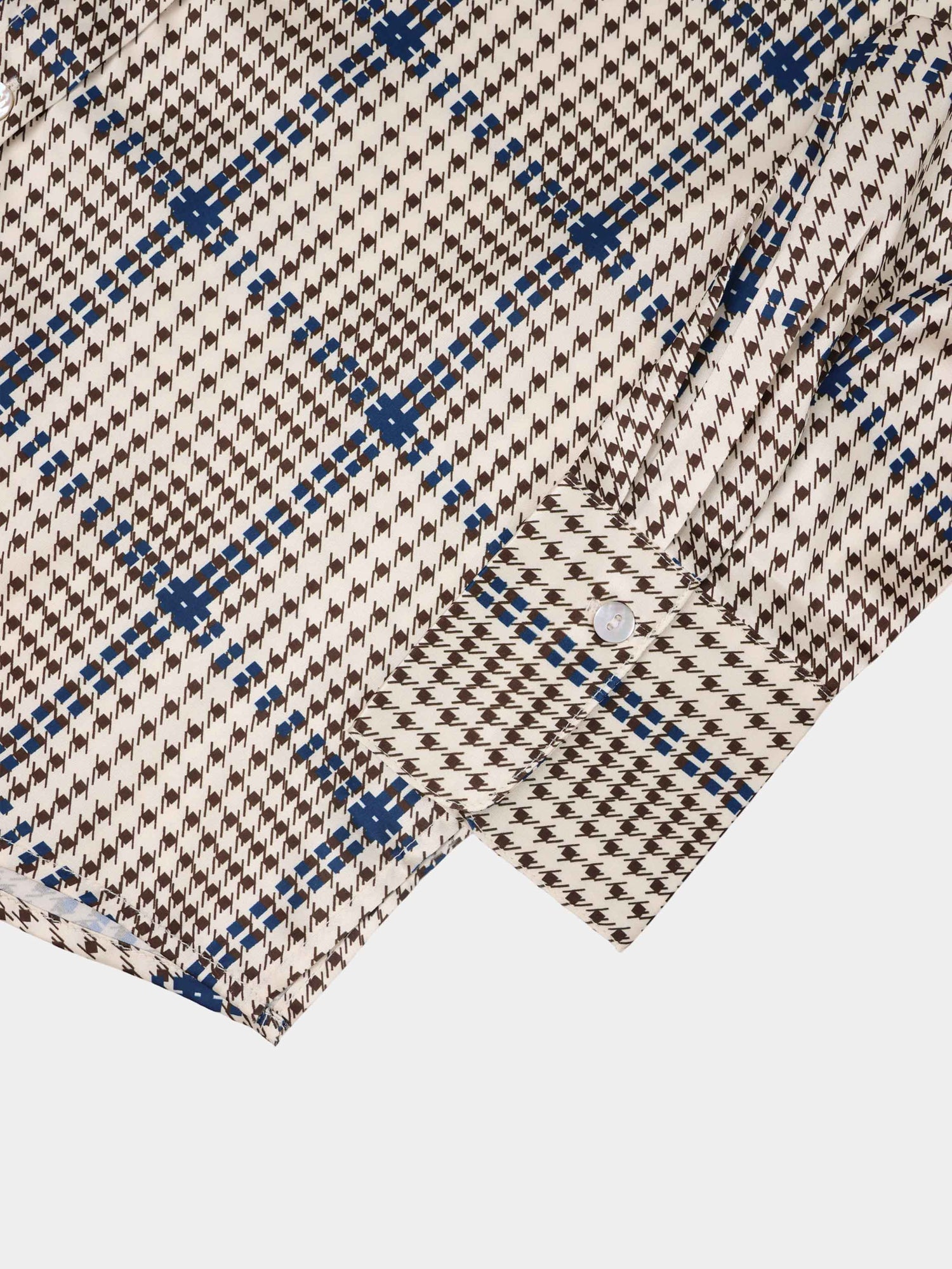 Button Down Faux Satin Blouse-Brown Houndstooth