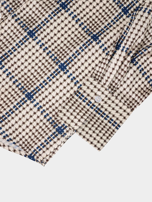 Button Down Faux Satin Blouse-Brown Houndstooth