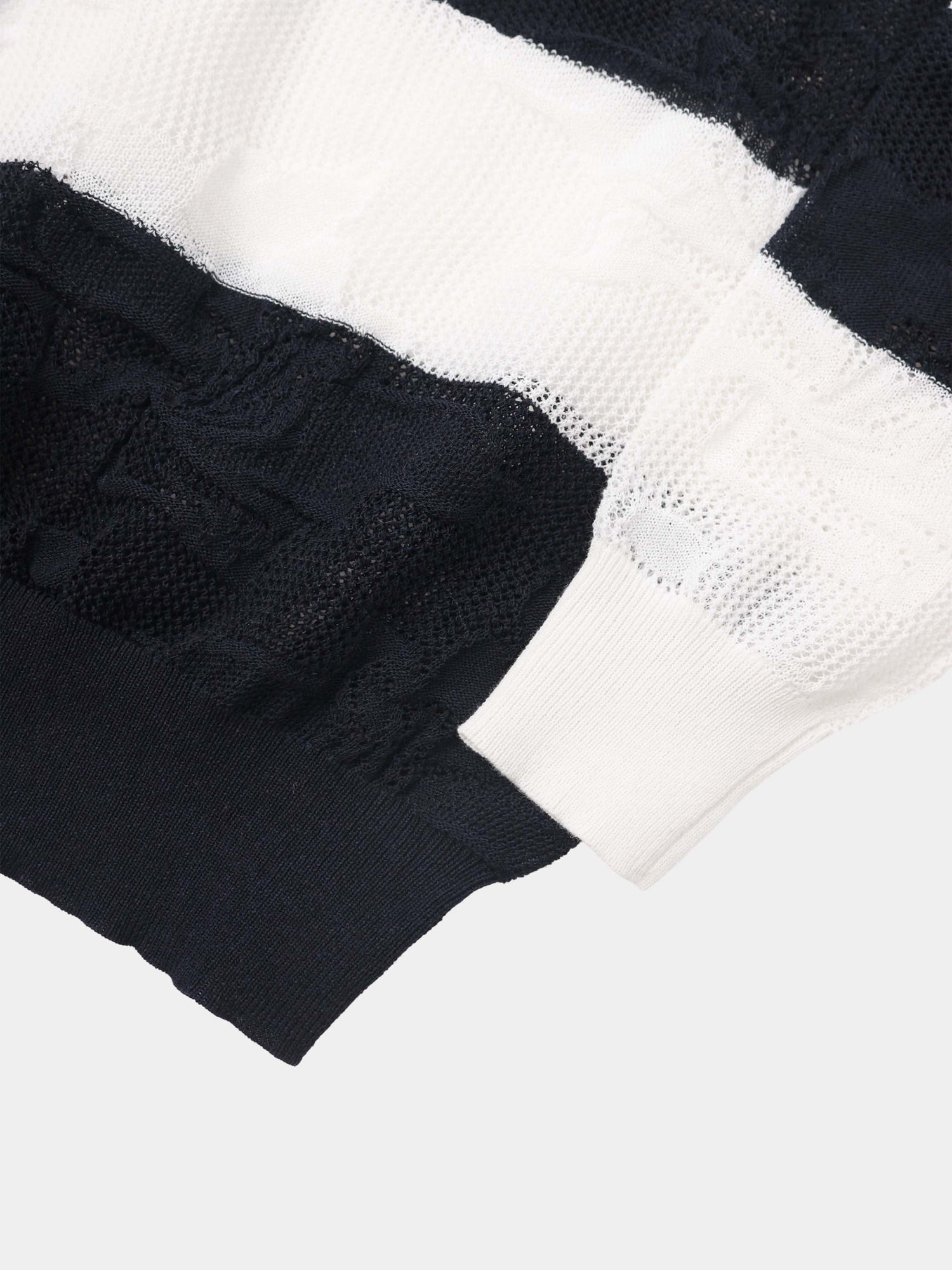 Mesh Floral Polo Top-Black/White Stripe