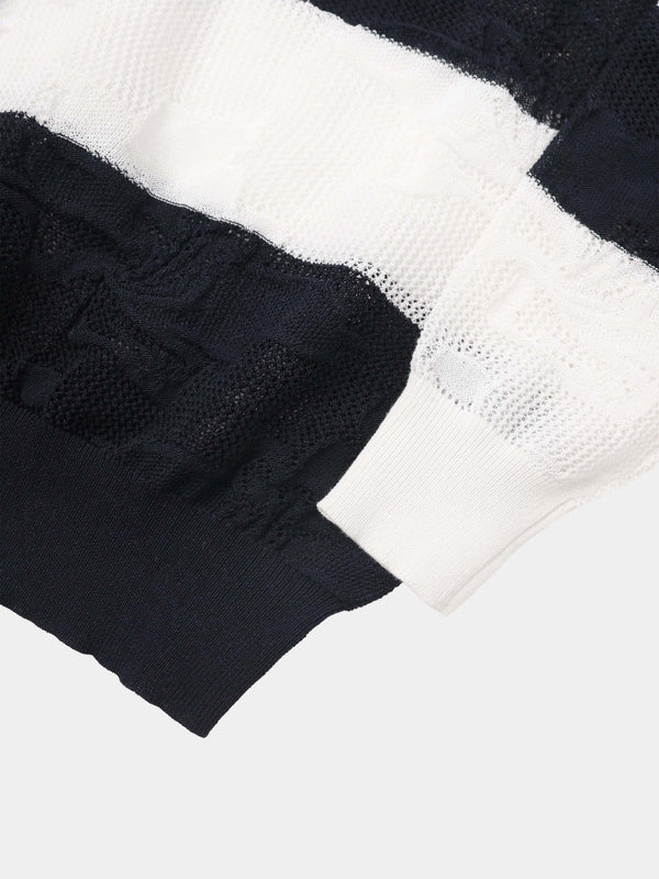 Mesh Floral Polo Top-Black/White Stripe
