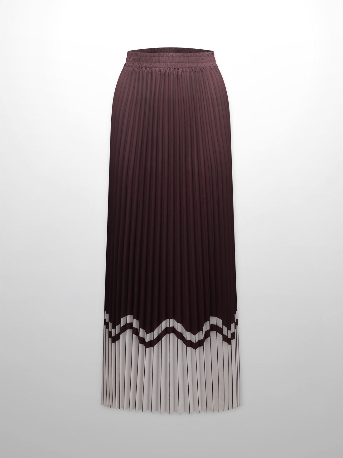 Elastic Waist Printed Pleated Skirt-Brown Chevron Border