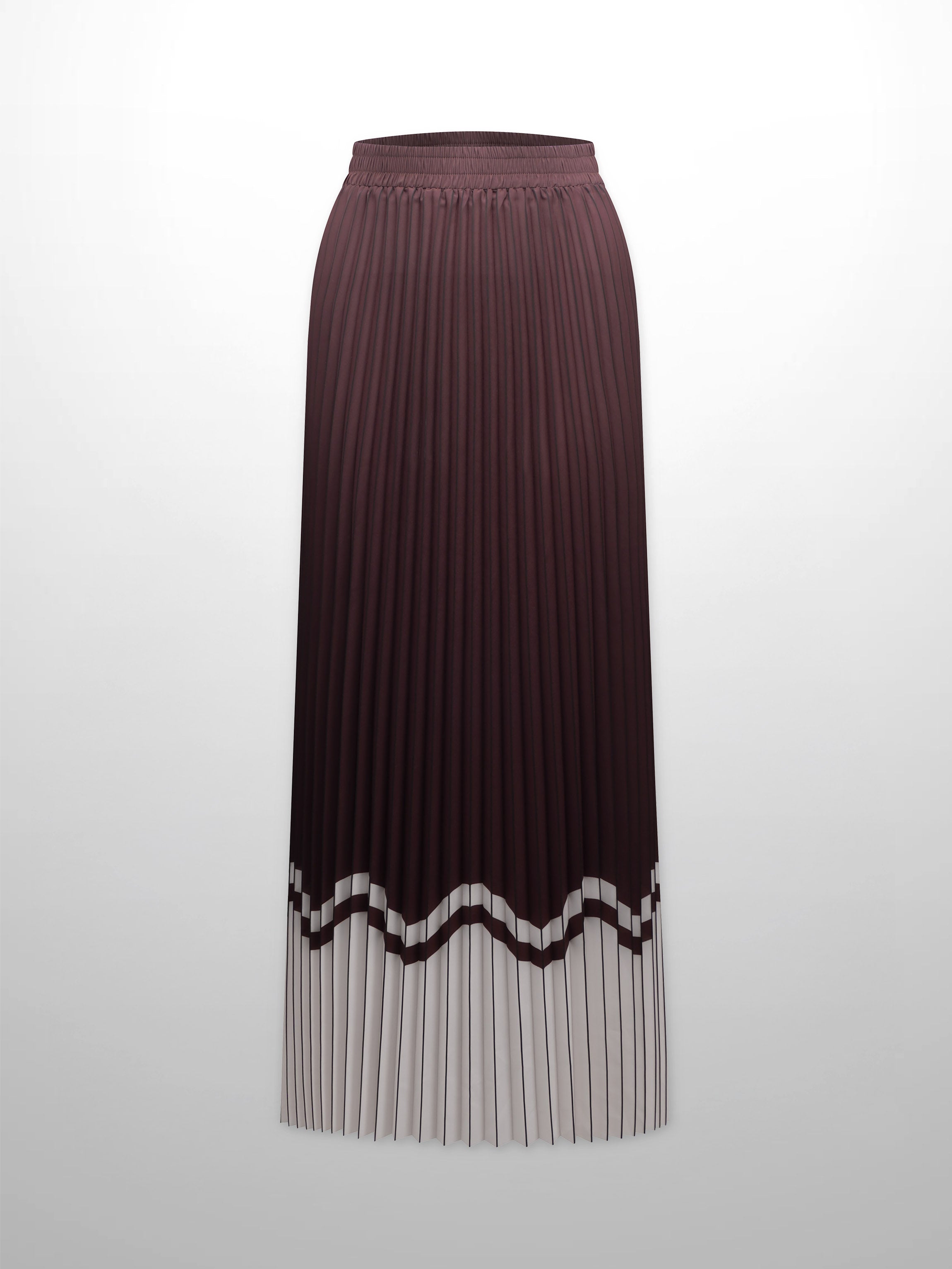 Elastic Waist Printed Pleated Skirt-Brown Chevron Border