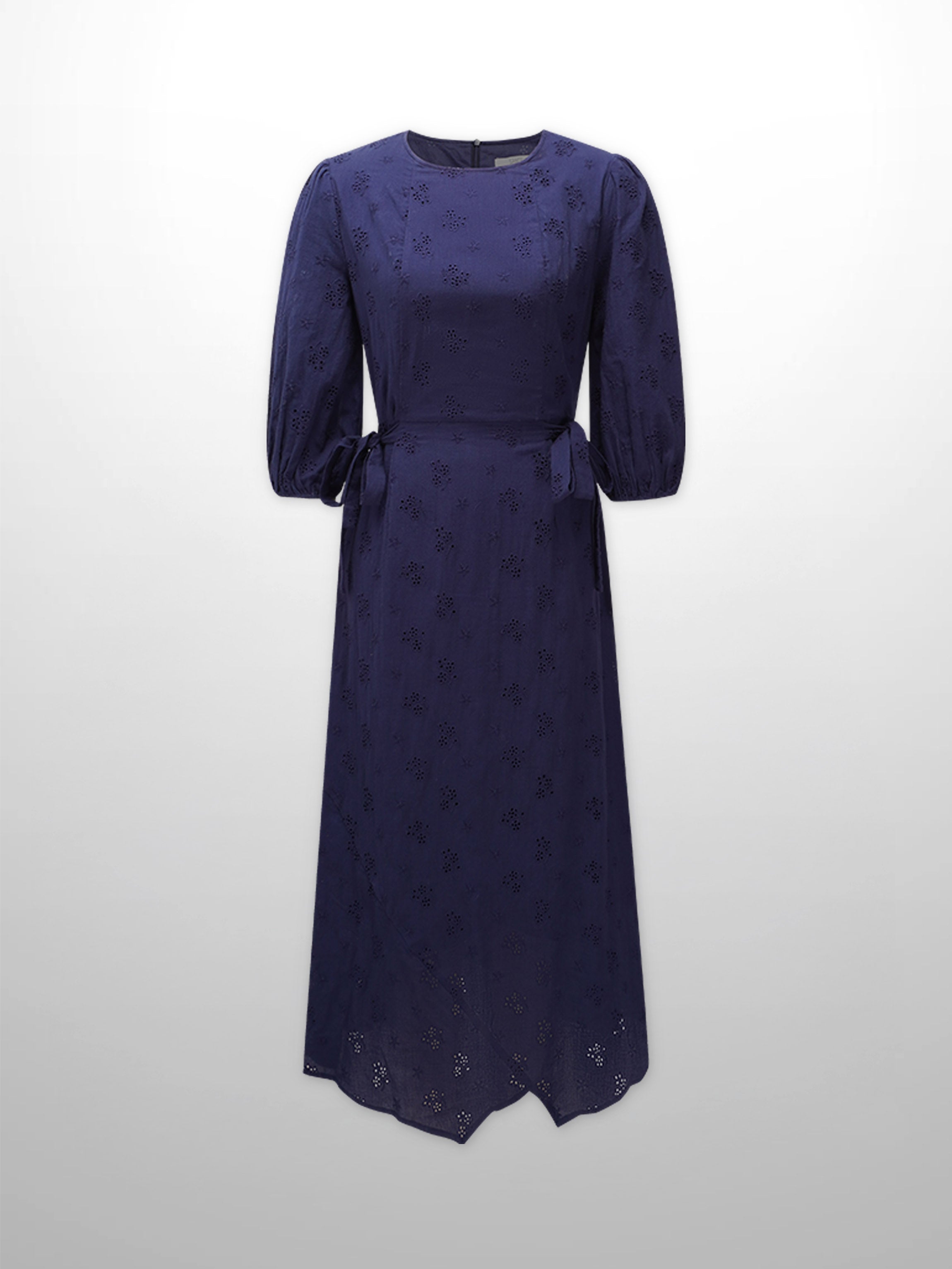 Asymmetrical Hem Eyelet Dress-Navy