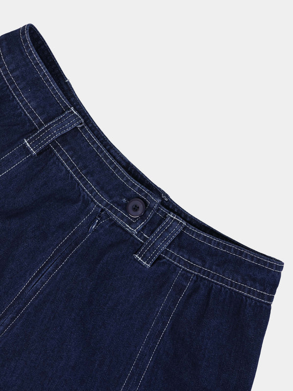 Seamed Bottom Stitched Denim Skirt-Dark Blue