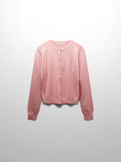 Stone Embellished Crew Cardigan-Pink