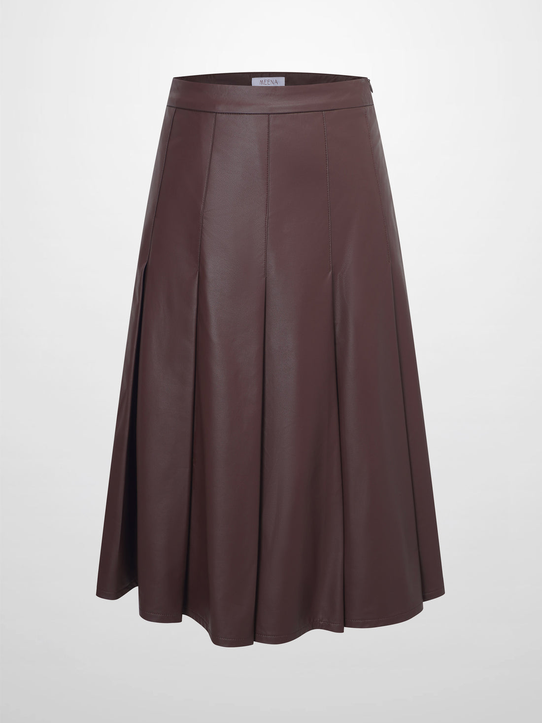 Faux Leather Stitch Down Pleated Skirt-Brown