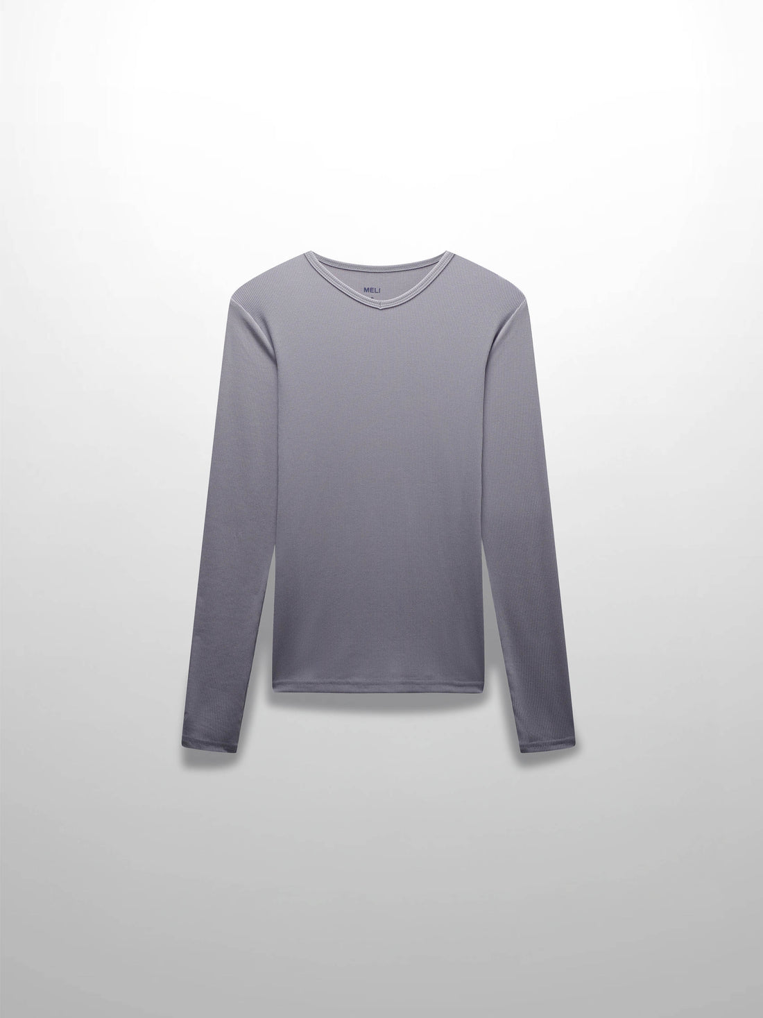 This is the front view of the long-sleeved, ribbed shirt. It is laid flat against a white background, and the small V-notch at the collar is visible.