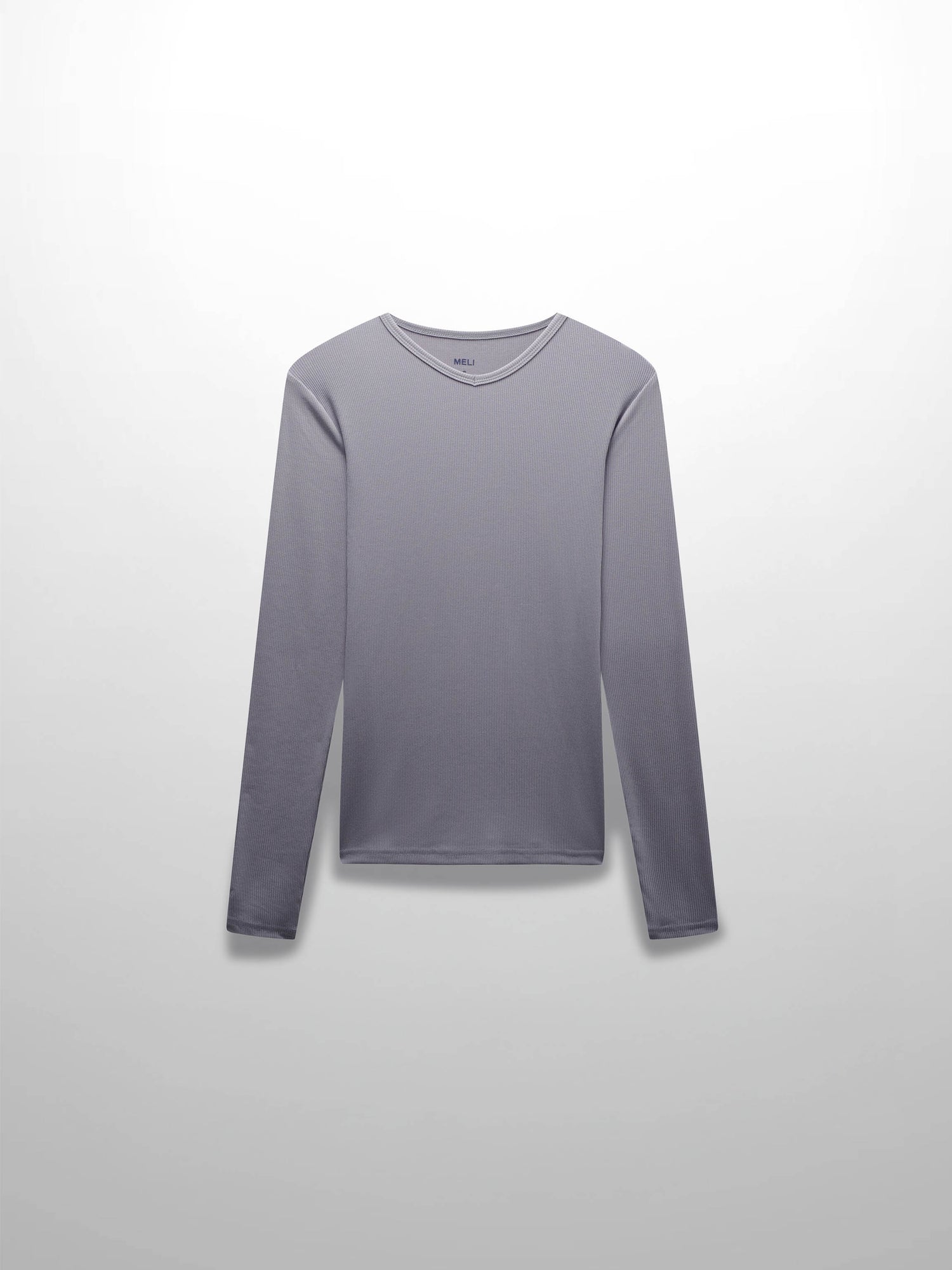 This is the front view of the long-sleeved, ribbed shirt. It is laid flat against a white background, and the small V-notch at the collar is visible.