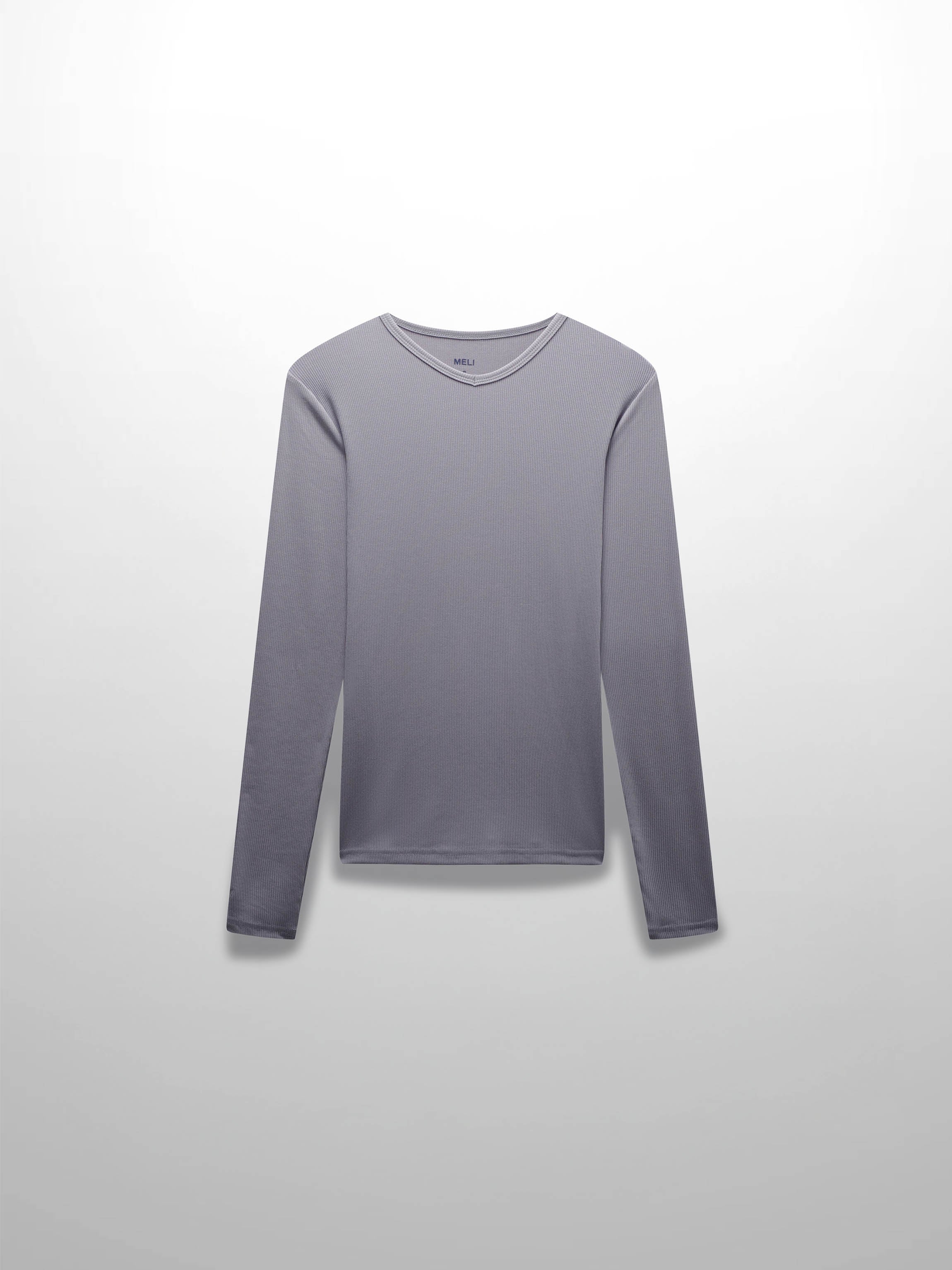 This is the front view of the long-sleeved, ribbed shirt. It is laid flat against a white background, and the small V-notch at the collar is visible.