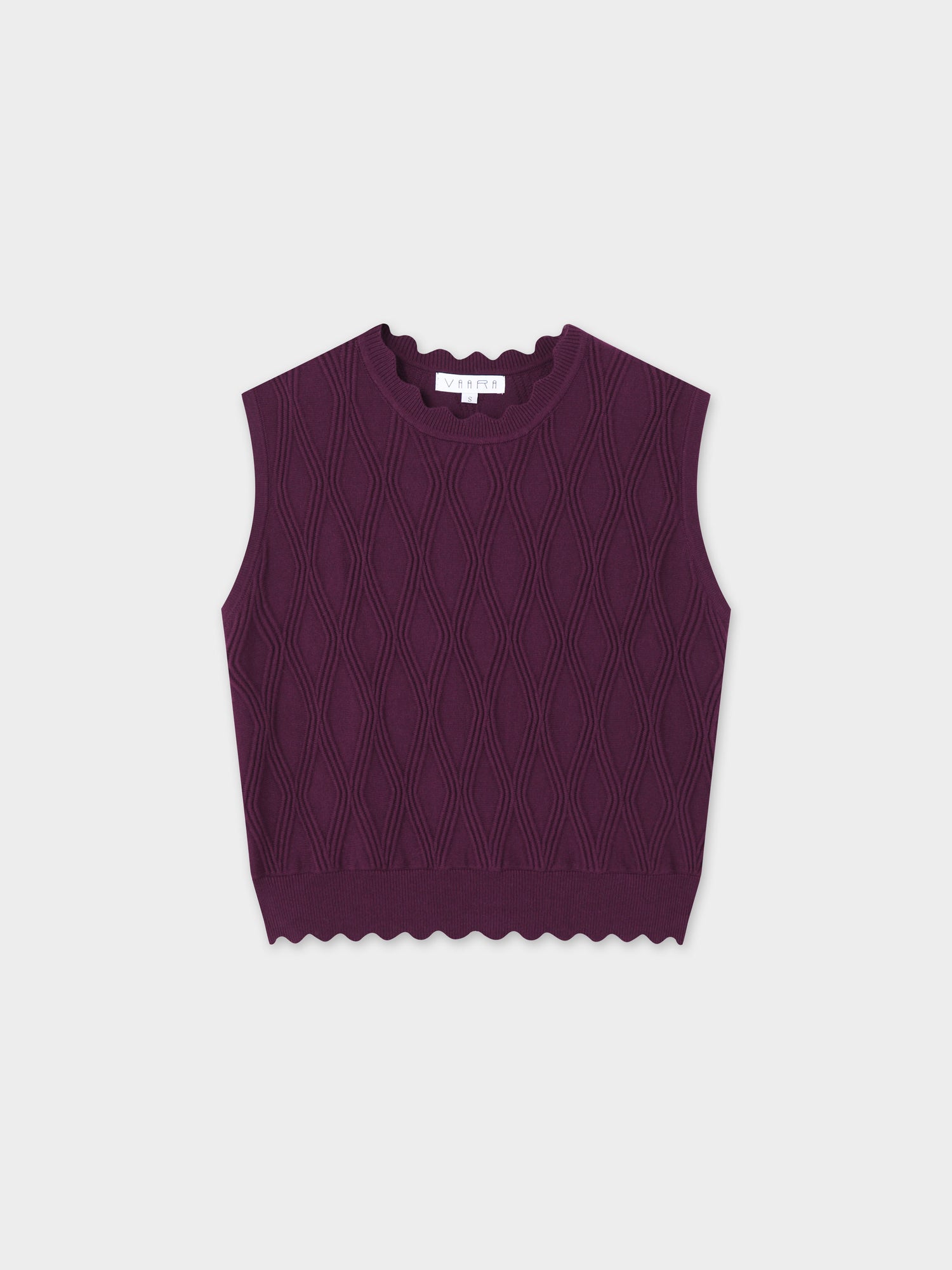 Scalloped Sleeveless Crew Neck Sweater-Wine