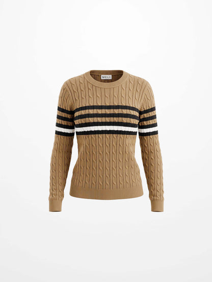Striped Cable Knit Sweater - Tan/Black and White Stripe