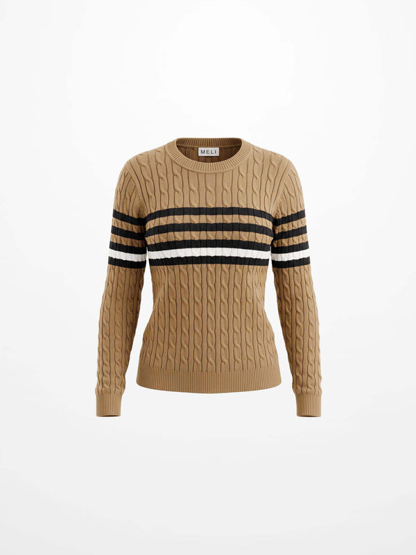 Striped Cable Knit Sweater - Tan/Black and White Stripe