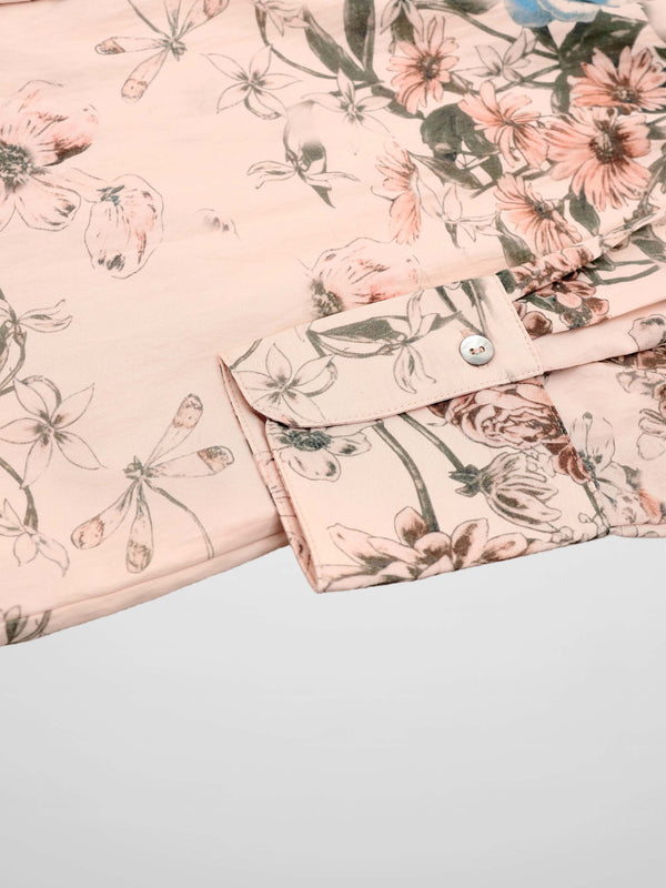 Printed Crinkle Button Down Blouse-Flower Design