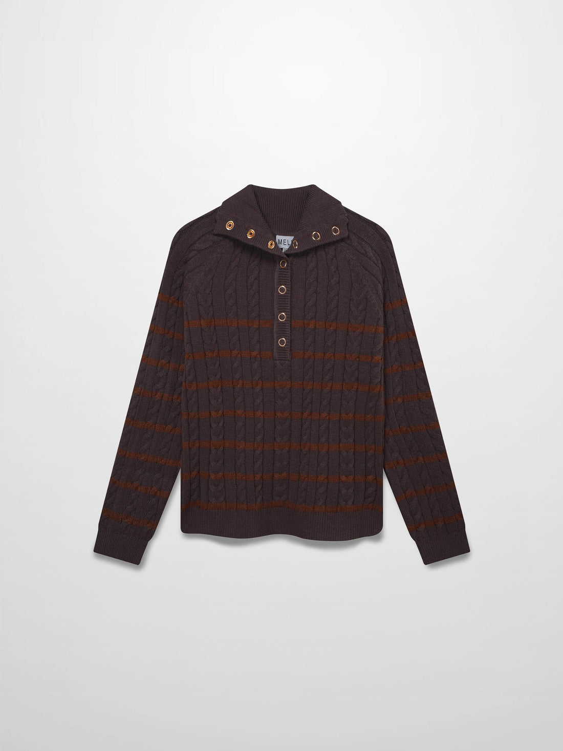 Shawl Snap Collar Striped Cable Sweater-Grey/Brown