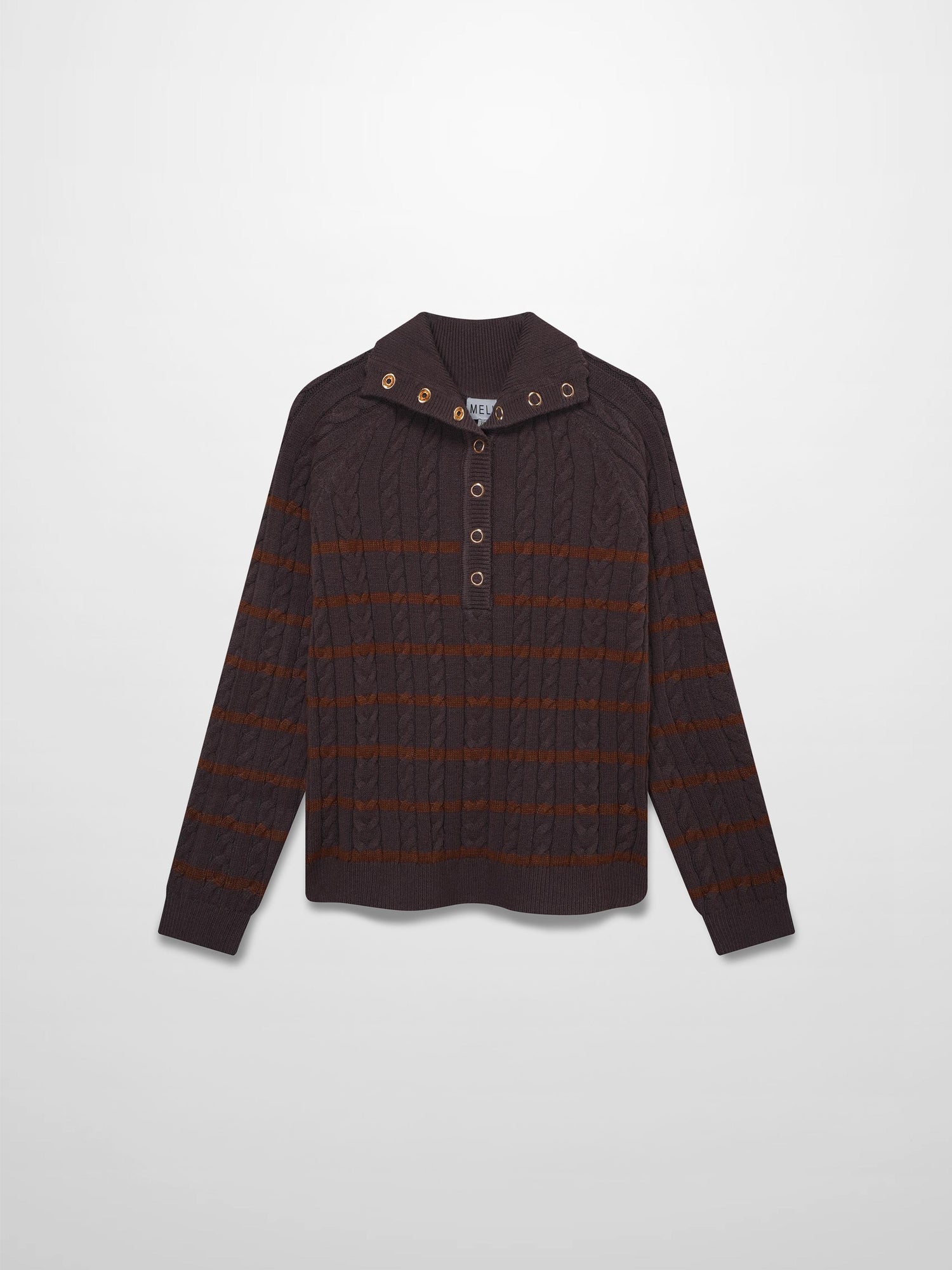 Shawl Snap Collar Striped Cable Sweater-Grey/Brown