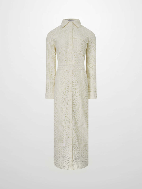 Lace Cutout Shirtdress-Cream