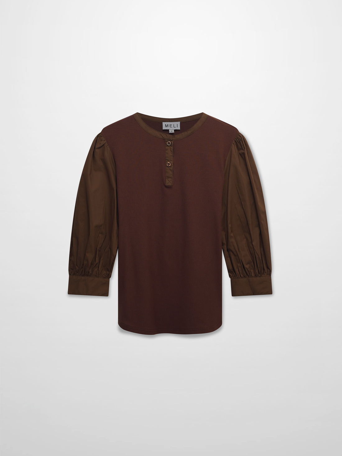 Puff Sleeve Ribbed T-Shirt-Brown