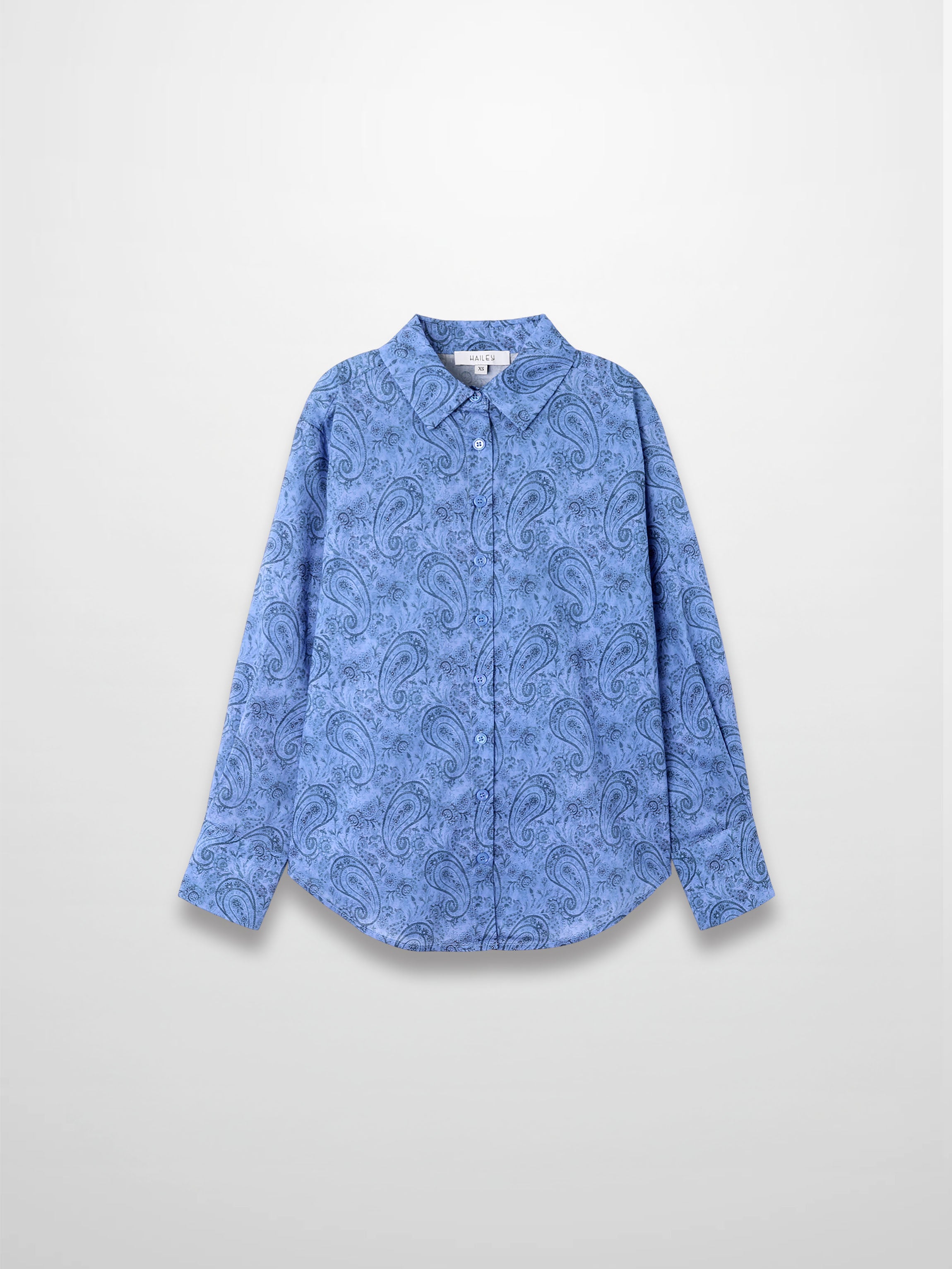 Button Down Collared Blouse-Blue Cotton Paisley