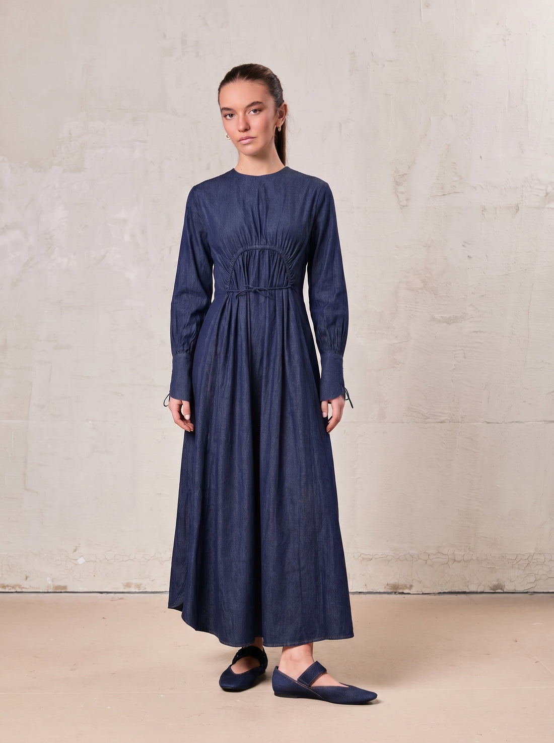 High Waist Drawstring Maternity Dress-Dark Denim