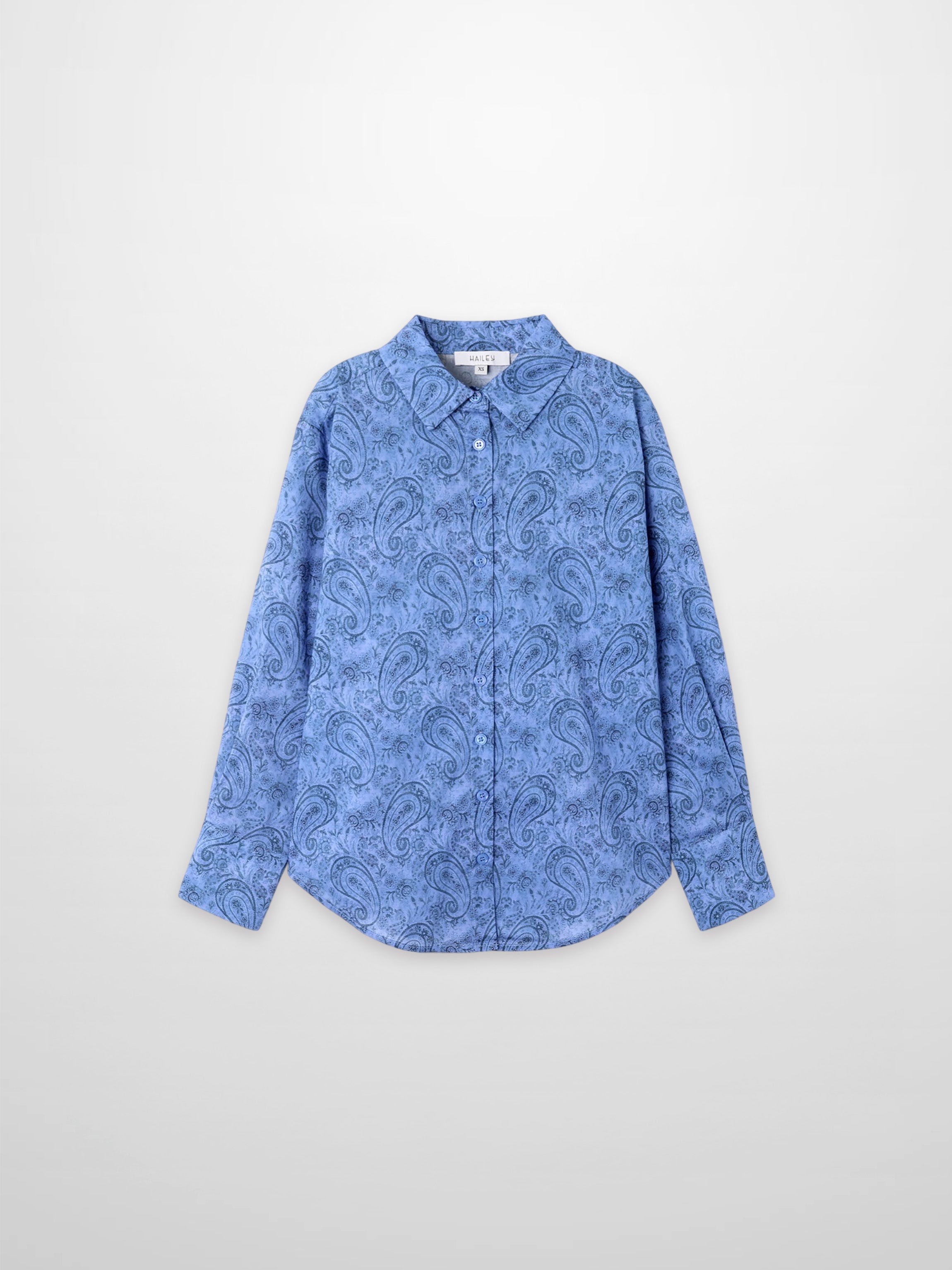 Button Down Collared Blouse-Blue Cotton Paisley