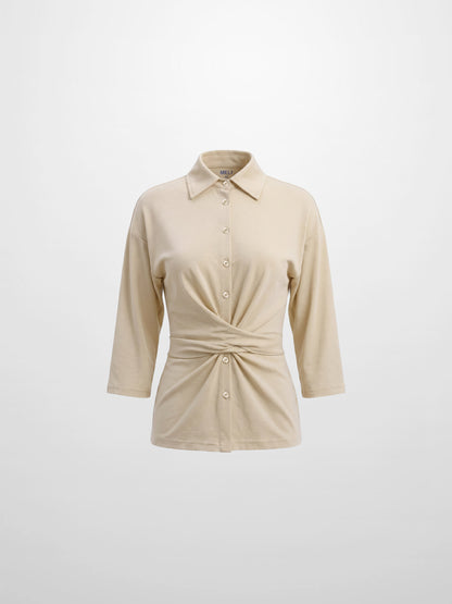 Waist Tie Button Down T-Shirt-Bone