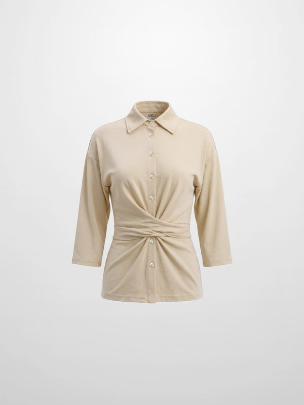 Waist Tie Button Down T-Shirt-Bone