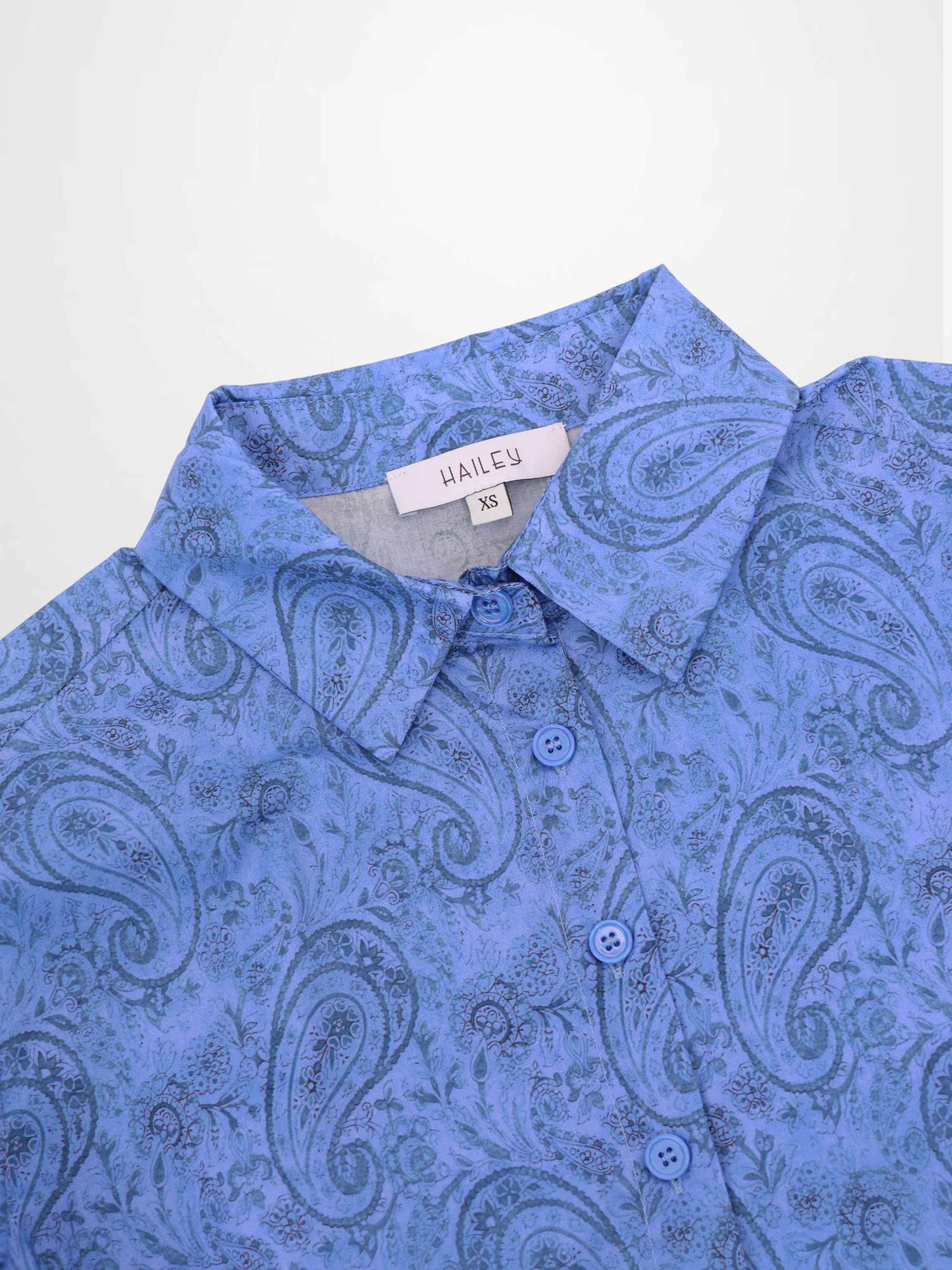 Button Down Collared Blouse-Blue Cotton Paisley