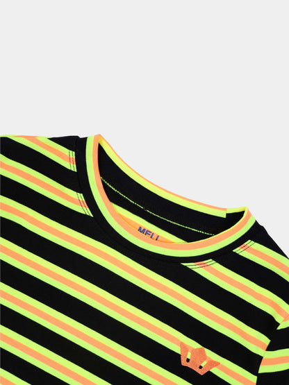 Embroidered Crown Striped Tee-Black/Yellow/Orange