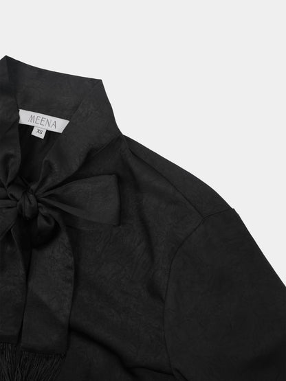 Fringe Bow Blouse-Black