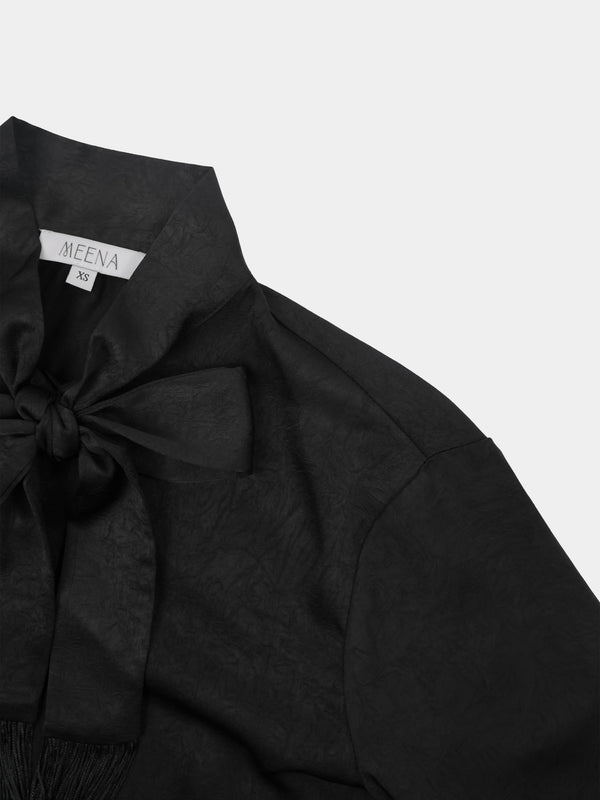 Fringe Bow Blouse-Black