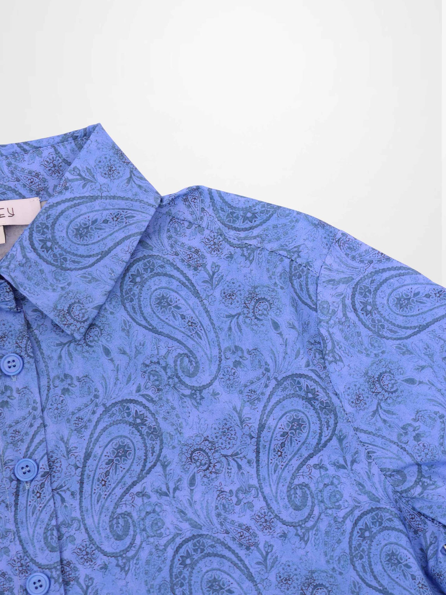 Button Down Collared Blouse-Blue Cotton Paisley