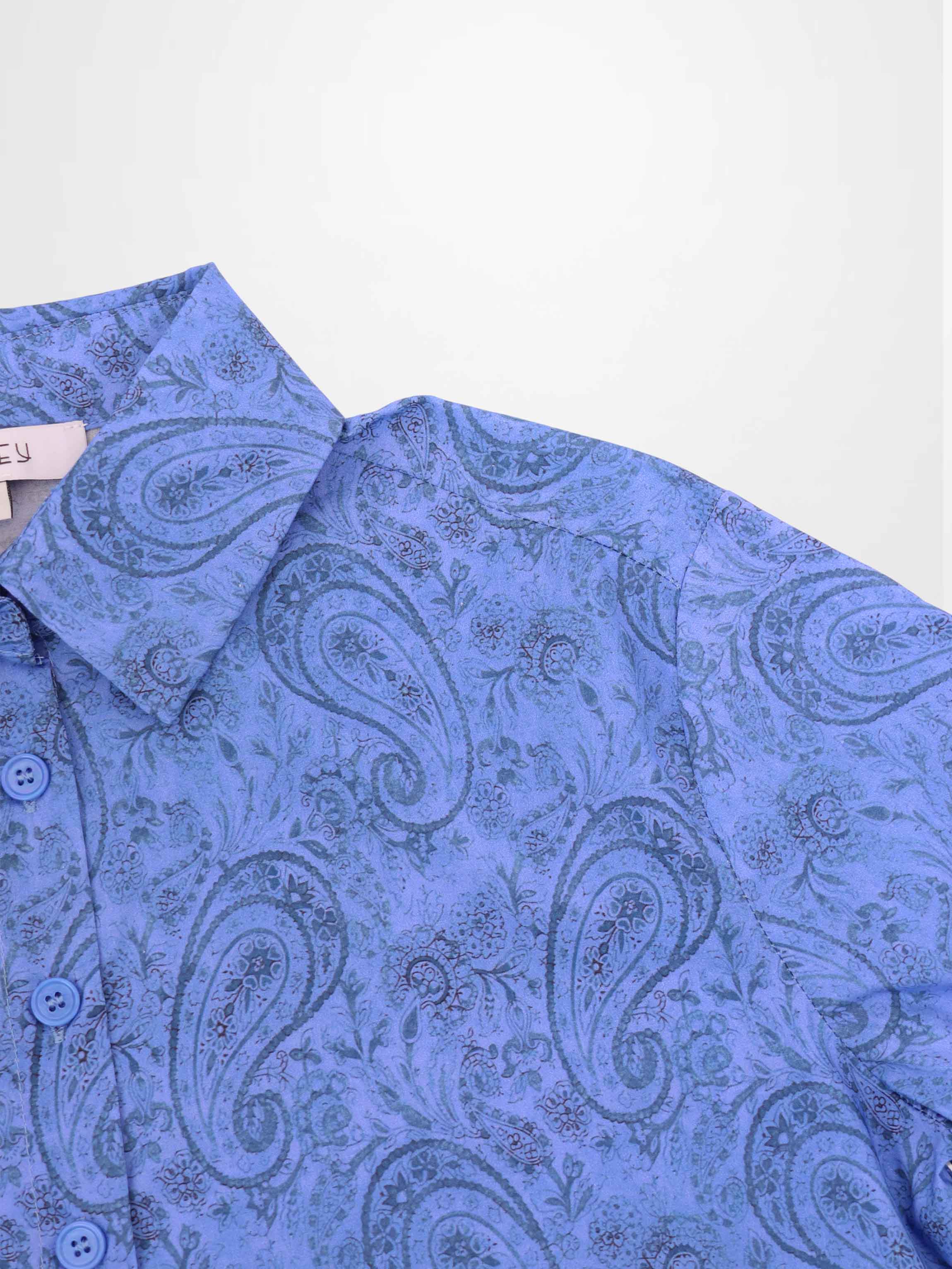 Button Down Collared Blouse-Blue Cotton Paisley