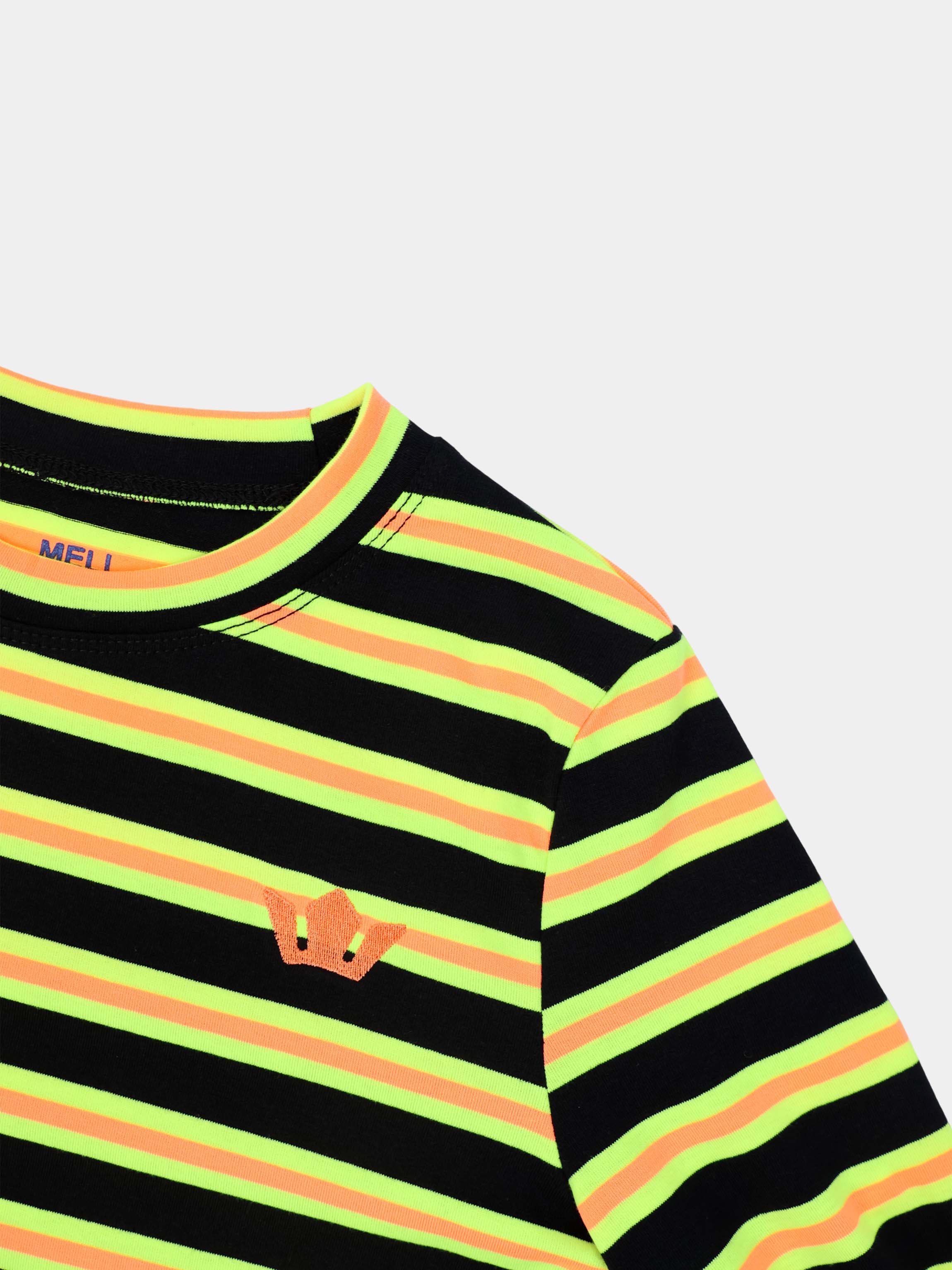 Embroidered Crown Striped Tee-Black/Yellow/Orange