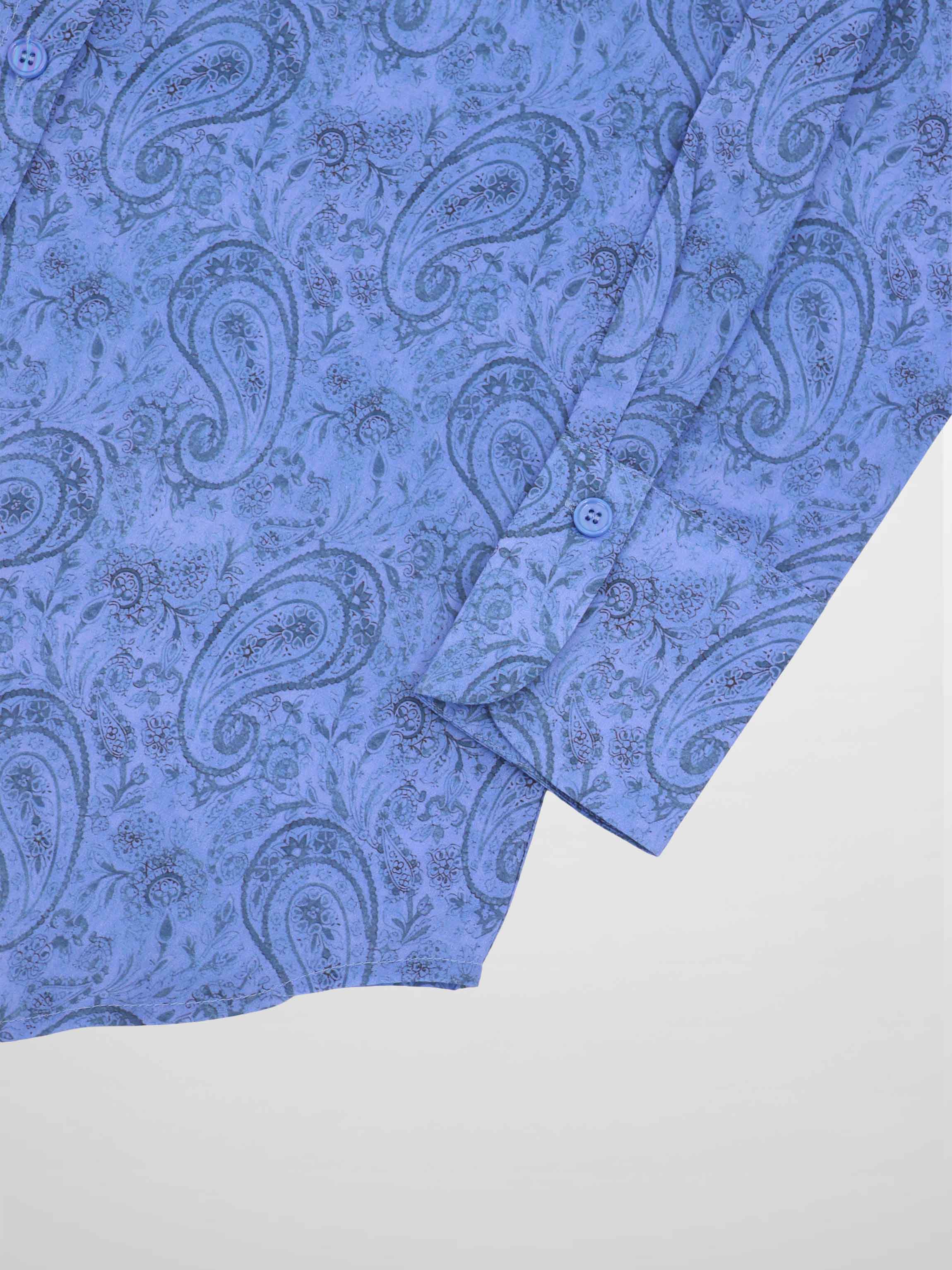 Button Down Collared Blouse-Blue Cotton Paisley