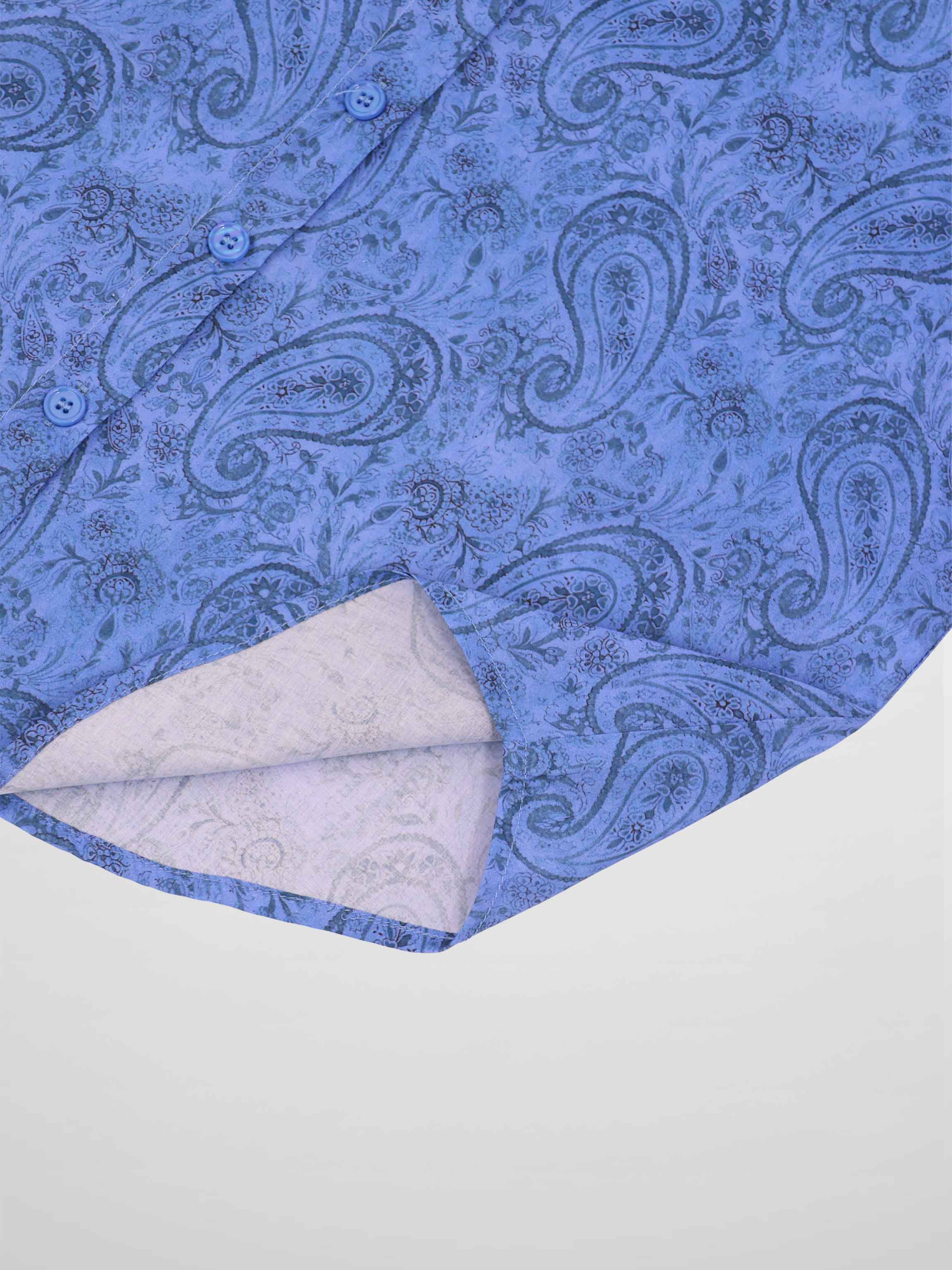 Button Down Collared Blouse-Blue Cotton Paisley