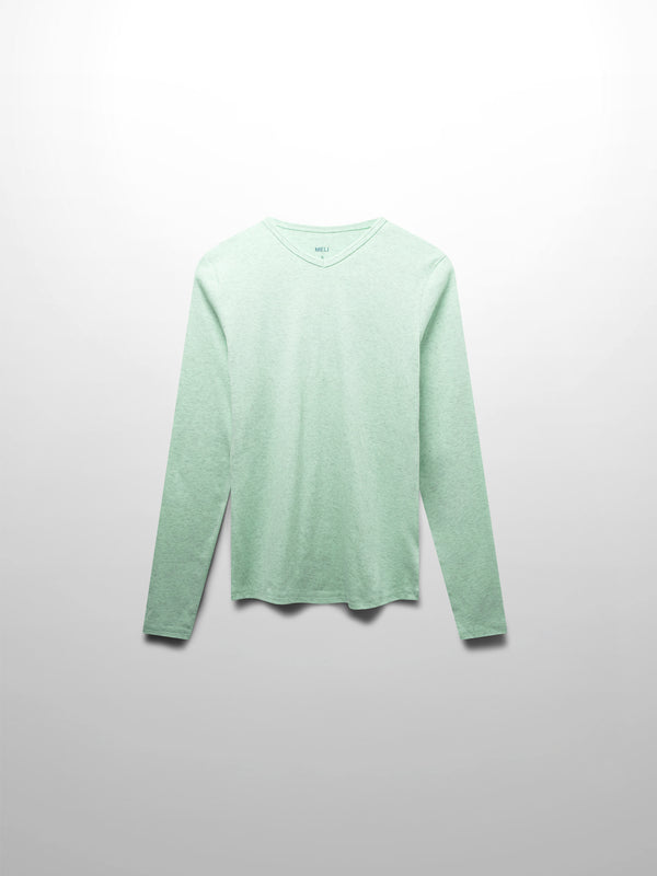 Basic High V Tee Long Sleeve-Heathered Mint/Grey