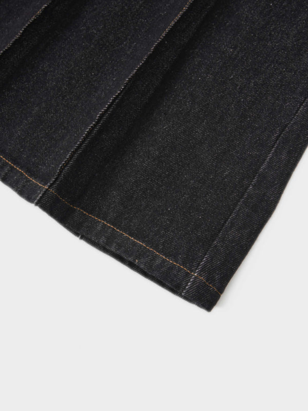 Pleat Pocket Tab Denim Skirt-Black