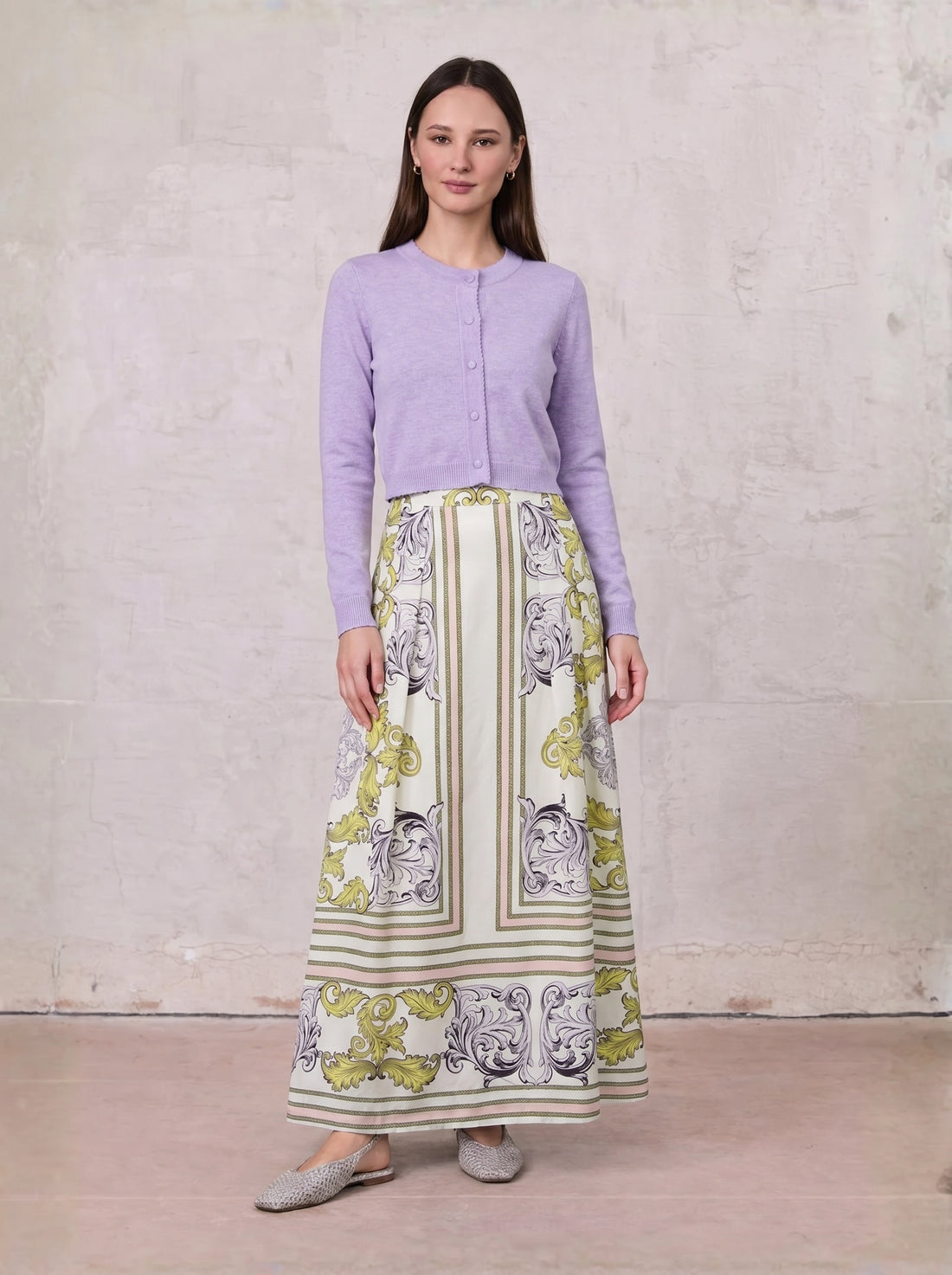 Trim Detail Crew Crop Cardigan-Heathered Lavander