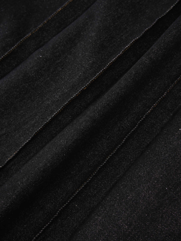 Pleat Pocket Tab Denim Skirt-Black