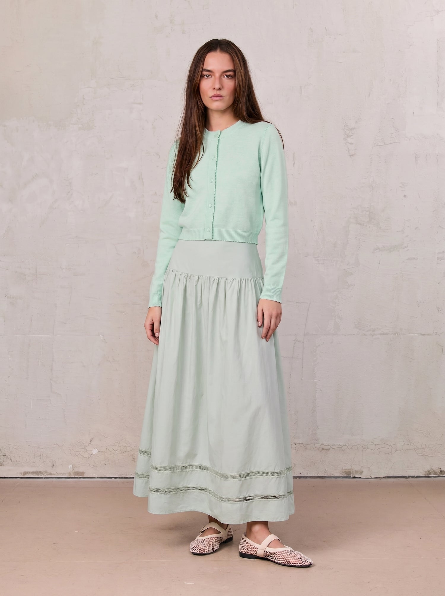 Trim Detail Crew Crop Cardigan-Heathered Mint