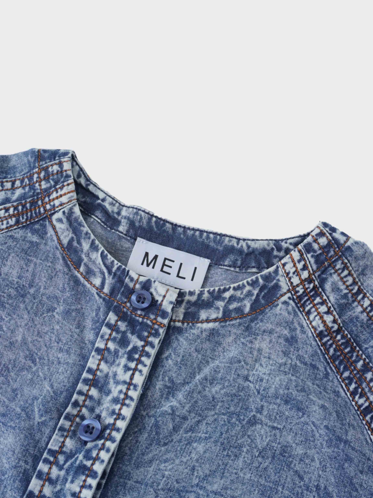Puff Sleeve Washed Denim Blouse-Blue