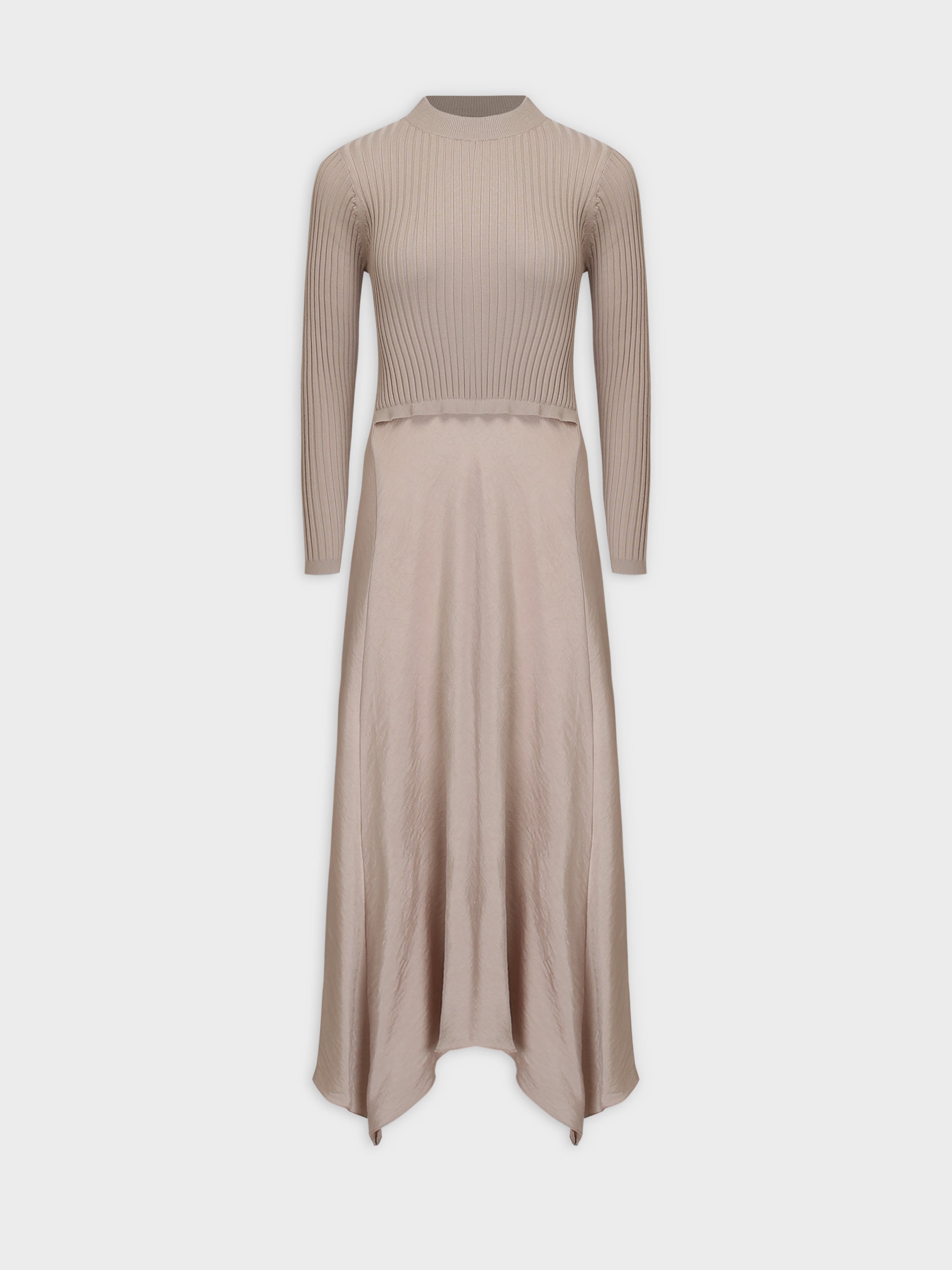 Crew Knit Satin Dress-Sand