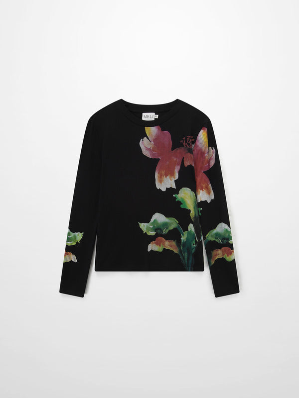 Printed Ribbed T-Shirt-Black Flower Pop