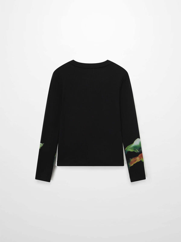 Printed Ribbed T-Shirt-Black Flower Pop