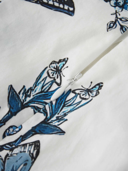 Printed Cotton Pleat Skirt-Navy/White