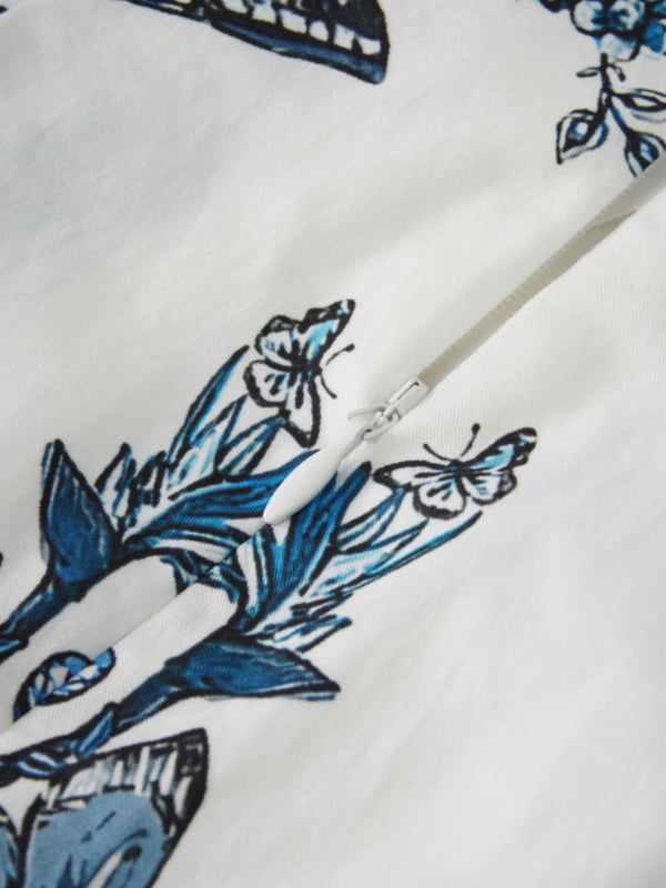 Printed Cotton Pleat Skirt-Navy/White