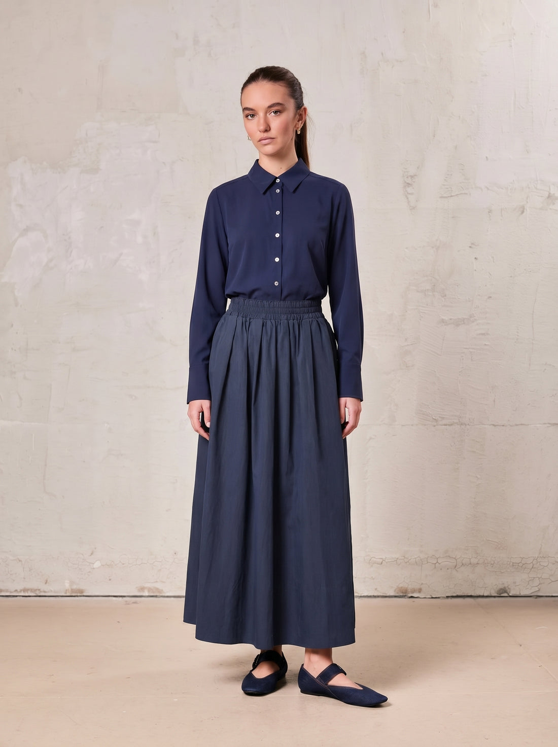 Cotton Button Down Blouse-Navy