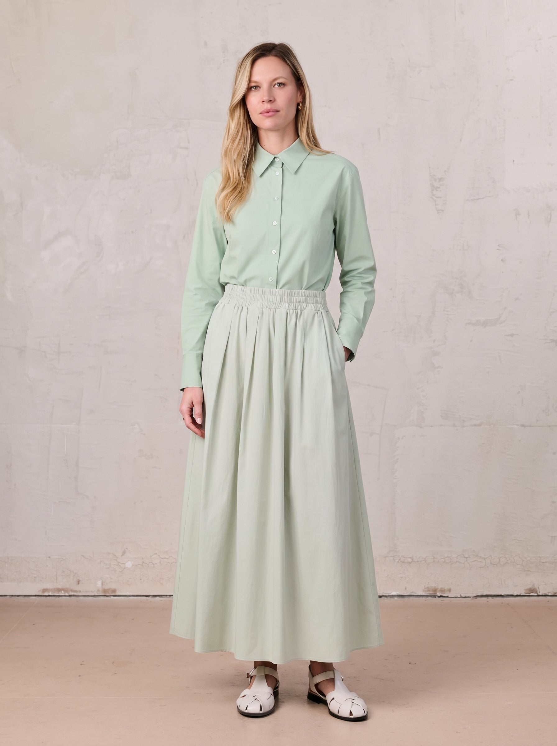Cotton Button Down Blouse-Dusty Mint