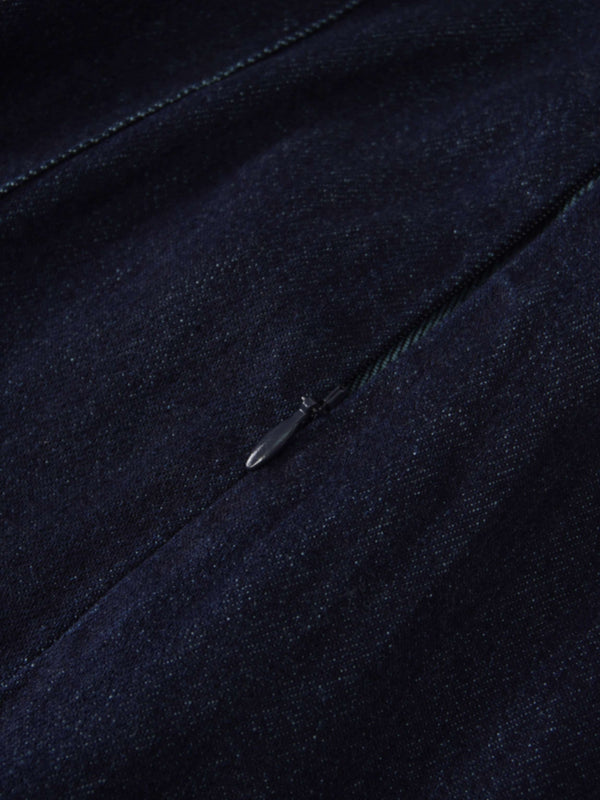 Seamed Straight Stretch Denim Skirt-Dark Blue